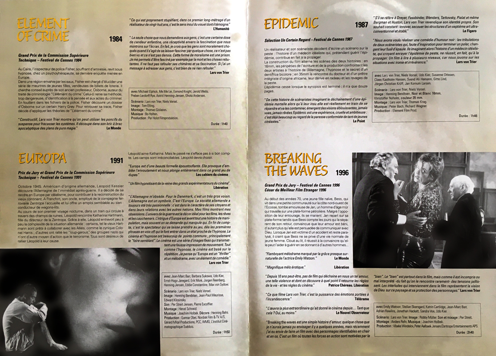 quatre pages, dossier de presse, rétrospective, films, auteur, Lars von trier, films Danois, Danemark, 1995, distributeur, Les films du Losange