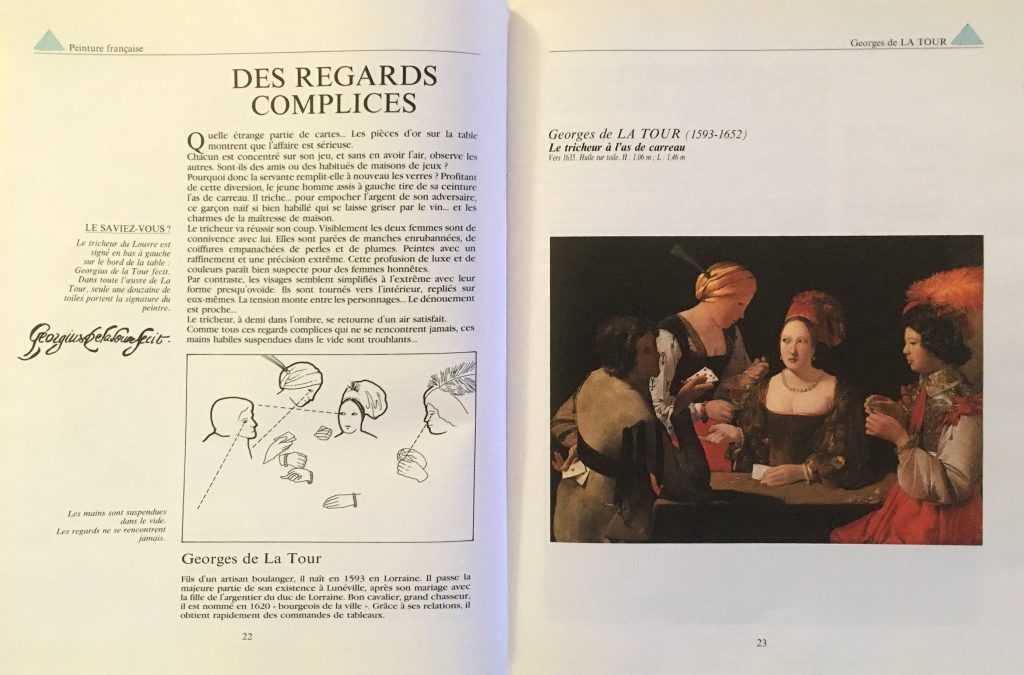 ouvrage, livre art, lecture et analyse, Le tricheur à l’as de carreau, Georges de La Tour, Éditions Fleurus, musée du Louvre, inauguration, aile Richelieu, aile Denon, pédagogique, décryptage, tableaux, déambulation