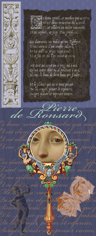 Pierre de Ronsard, exposition, le chant des muses, château, Talcy, installation, montage, mise en couleur, fonds, tableaux, éléments au trait, grotesques, Agrippa d’Aubigné