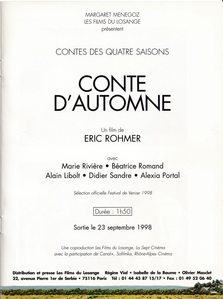 dossier de presse, film, Éric Rohmer, Contes des quatre saisons, Conte d’automne, film France, distributeur, Les films du Losange