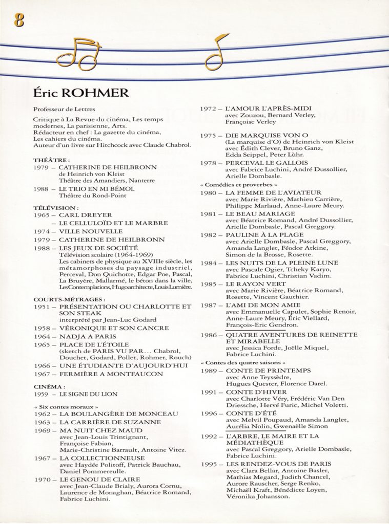 dossier de presse, filmographie Éric Rohmer, film, Éric Rohmer, Conte d’été, film France, distributeur, Les films du Losange, 1995