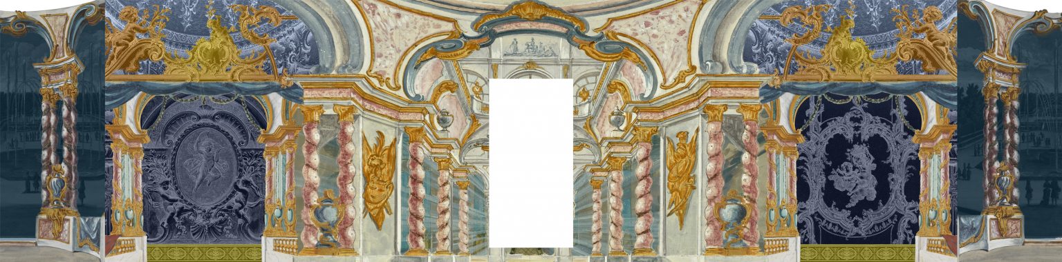 décor, Fantaisies pour un palais, Piero Bonifazio Algieri, anamorphose, panoramique, panneaux rétroéclairés, miroir doré, rétroprojection.