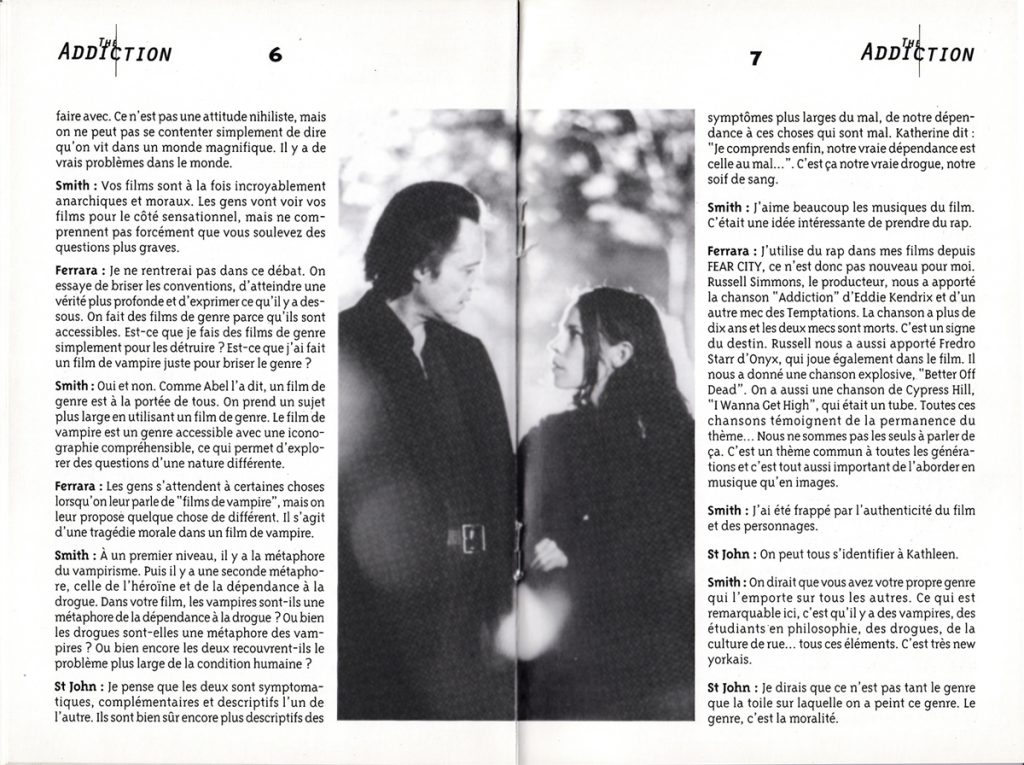 dossier de presse, dialogues, entretien auteur, film, noir, vampires, New York, new-yorkais, réalisateur, Abel Ferrara, The Addiction, film américain, 1995, distributeur, Les films du Losange