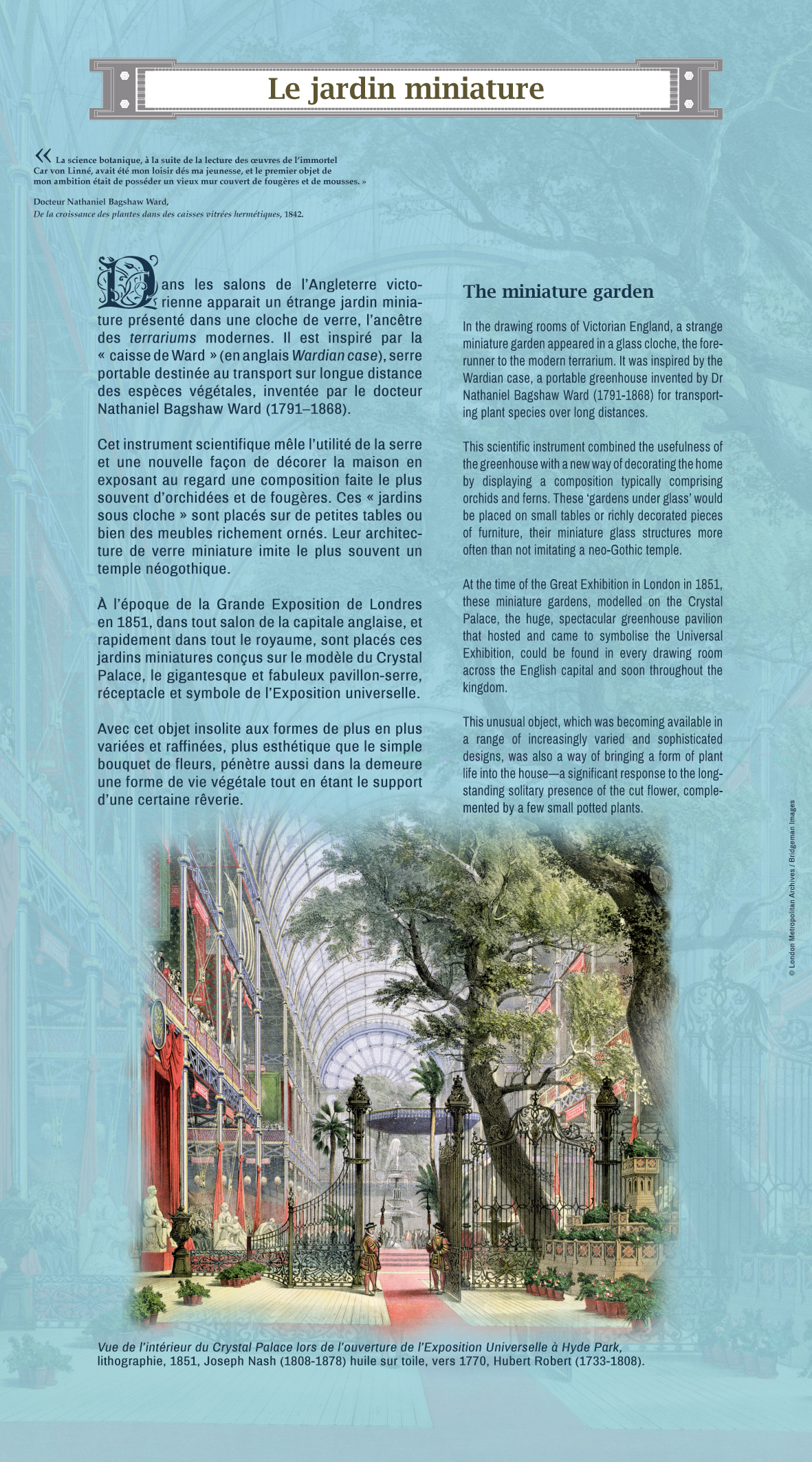 Bannière « Le jardin miniature » pour l’exposition itinérante « La traversée des jardins » du Centre des monuments nationaux. Titre gris-vert sur cartouche blanc et gris bleuté, citation du Docteur Nathaniel Bagshaw Ward, extrait de, De la croissance des plantes dans des caisses vitrées hermétiques, 1842. Textes en français et en anglais sur fond bleu minéral avec reprise en filigrane de l’illustration « Vue de l’intérieur du Crystal Palace lors de l’ouverture de l’Exposition Universelle à Hyde Park », lithographie, 1851, Joseph Nash (1808-1878) huile sur toile, vers 1770, Hubert Robert (1733-1808).